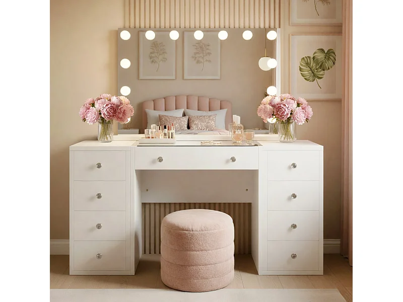 Coiffeuse - carré - Bois - 143 x 50 cm - Blanc - Tiline